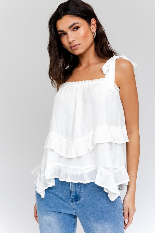 Sadie : Sleeveless Asymmetrical Hem Line Tiered Top – Sawyers Lane